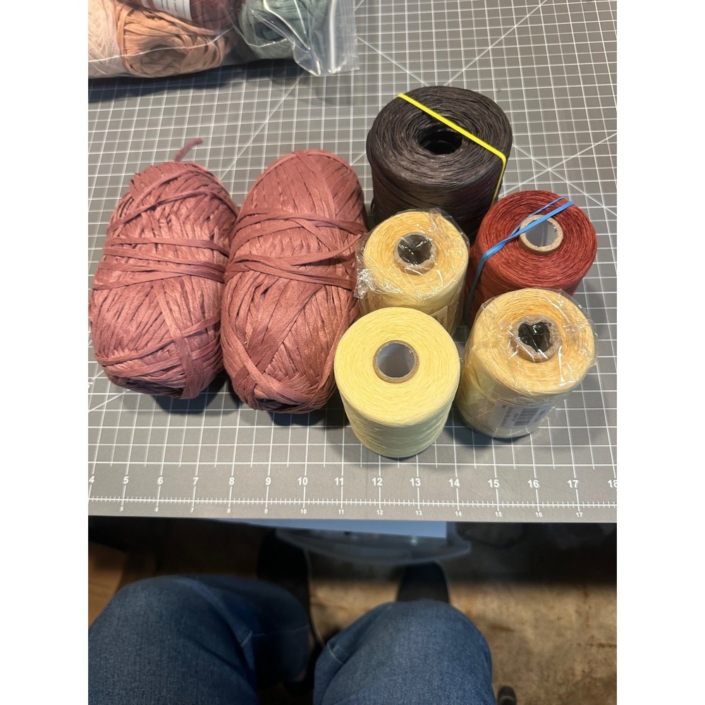 Lot of 7 Paper Raffia Yarn Spools Skeins Terracotta Brown Yellow Crafting Ribbon